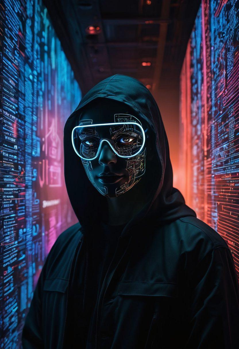 A mysterious figure wearing a half-mask, obscured by shadows, surrounded by swirling digital screens displaying various online scams and deception symbols. In the foreground, a magnifying glass examines a virtual document revealing misinformation. The color palette should be dark and moody with neon highlights to evoke a sense of intrigue. cyberpunk. super-realistic. vibrant colors.