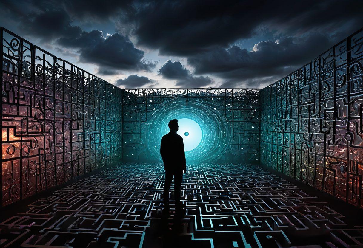 A surreal landscape featuring a digital maze made of tangled wires and glowing screens, each displaying various internet myths and fabrications. In the foreground, a shadowy figure with a questioning expression holds a magnifying glass over a screen depicting a viral myth. Above, a cloudy sky filled with abstract thought bubbles representing common misconceptions, blending into the digital maze. Colorful yet eerie tones to highlight the concept of deception and intrigue. painting. vibrant colors. surreal style.