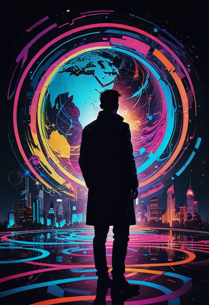 An intricate digital landscape depicting a person in deep thought, surrounded by various symbols of disinformation such as false news headlines and social media icons. The scene should contrast bright, engaging colors with dark, shadowy areas representing confusion and deception. Include elements like a magnifying glass and a digital globe to highlight the theme of critical thinking. Cyberpunk style. vibrant colors. white background.
